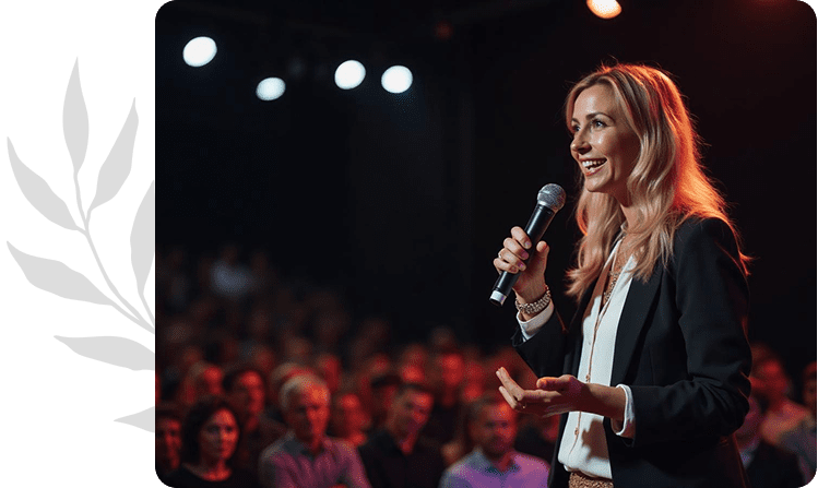 A woman speaking confidently to a large audience with a microphone.
